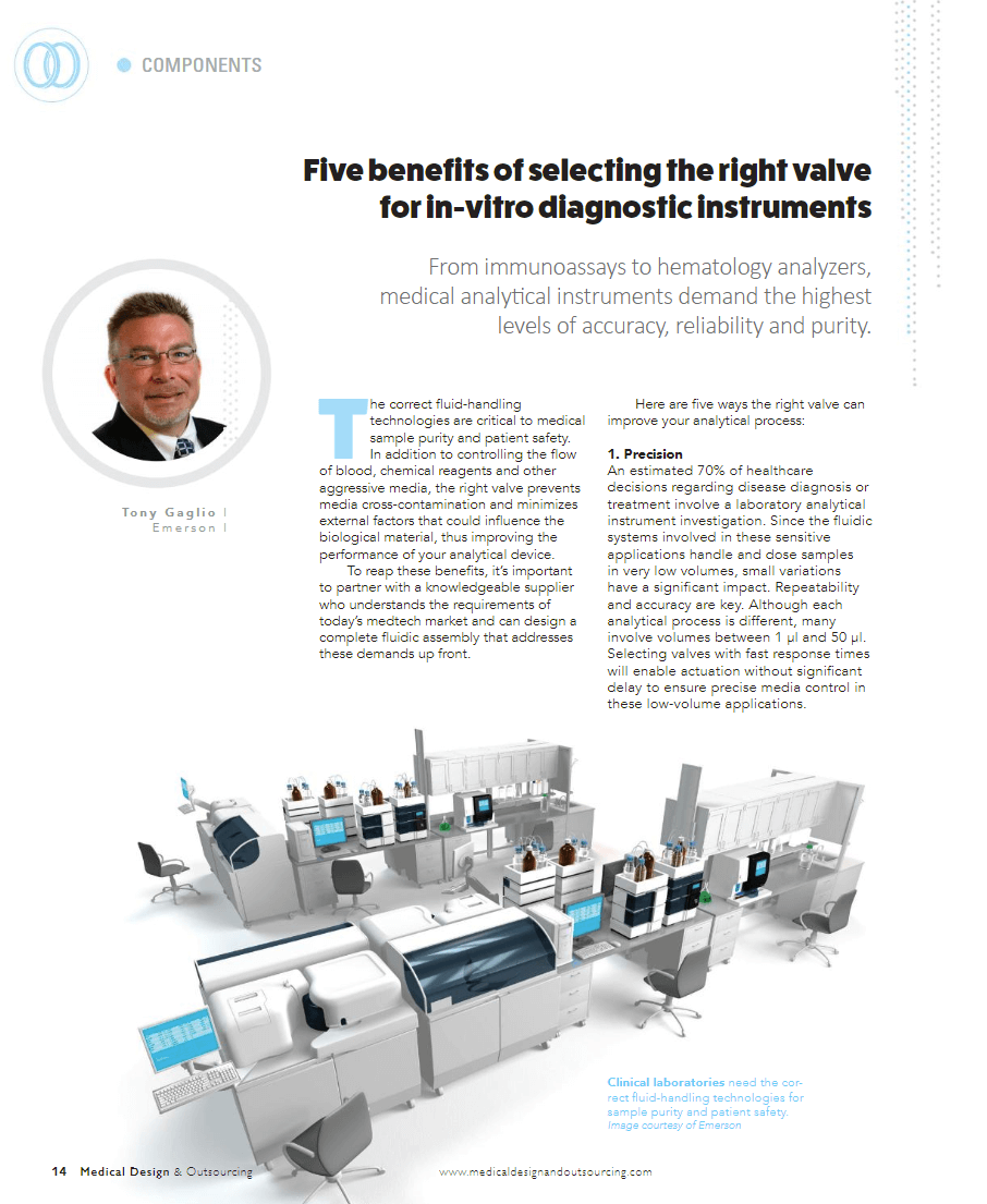 Medical Design and Outsourcing: 5 benefits of selecting the right valve for in-vitro diagnostic instruments